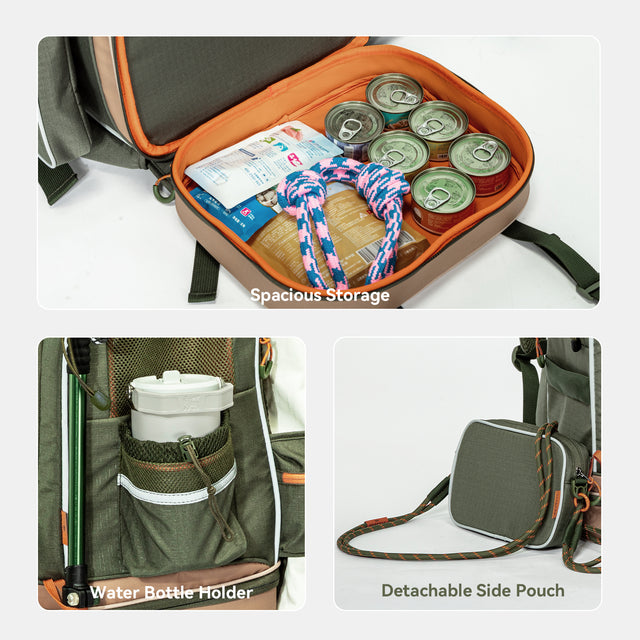 Pet backpack with bottom storage for cans and treats, plus bottle holder and detachable side pouch.