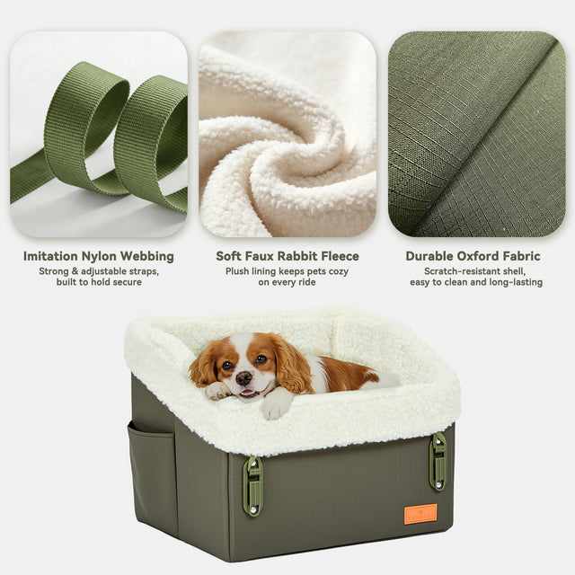 PETSFIT WILDPATH dog car seat reversible cushion cross-section showing soft faux rabbit fleece, sponge, and hollow sheet layers