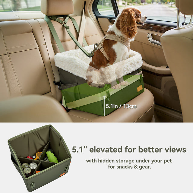 PETSFIT WILDPATH dog car booster seat showing open hidden storage compartment under the elevated base for snacks and pet gear