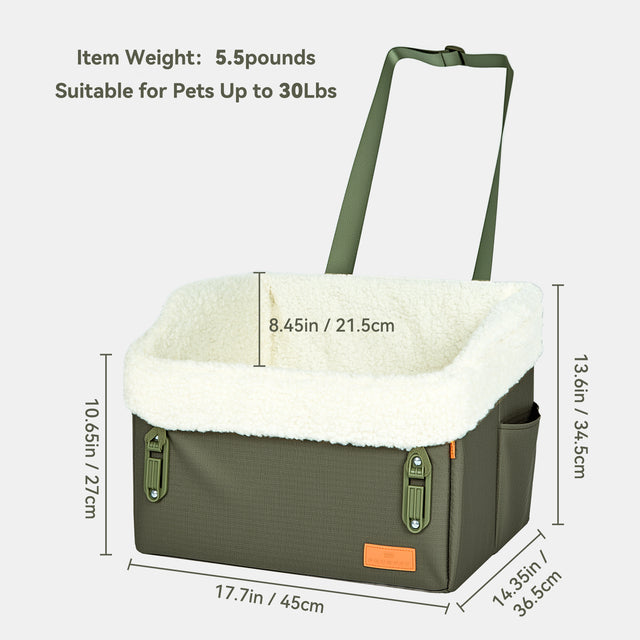 Spaniel dog riding in PETSFIT WILDPATH dog car booster seat with elevated base and safety straps secured to car headrest