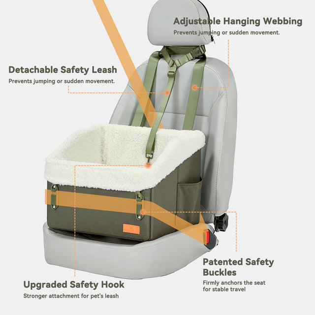 Cavalier King Charles Spaniel sleeping peacefully in PETSFIT WILDPATH army green car booster seat with faux fleece cushion