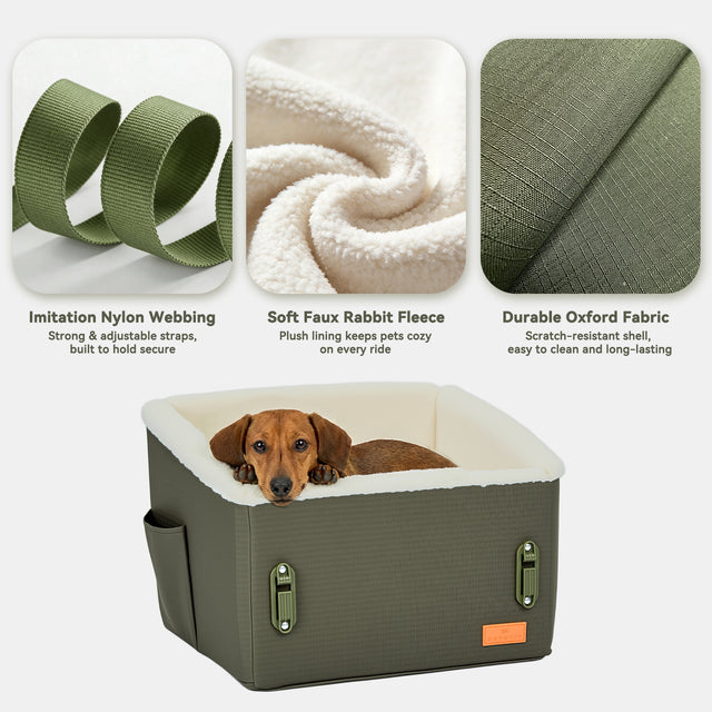 PETSFIT WILDPATH dog car seat material close-up showing nylon webbing straps, faux rabbit fleece lining and Oxford fabric shell