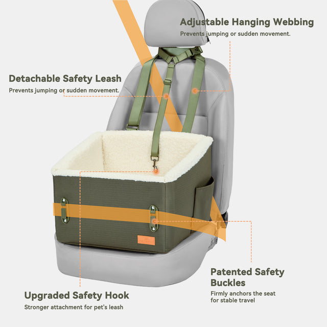 PETSFIT WILDPATH dog car seat safety features including adjustable webbing, detachable leash, safety hook and patented buckles