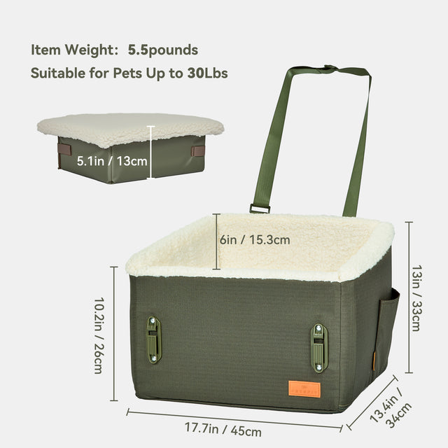 PETSFIT WILDPATH dog car booster seat size chart showing 17.7x13.4x13in dimensions and 5.1in elevated base height