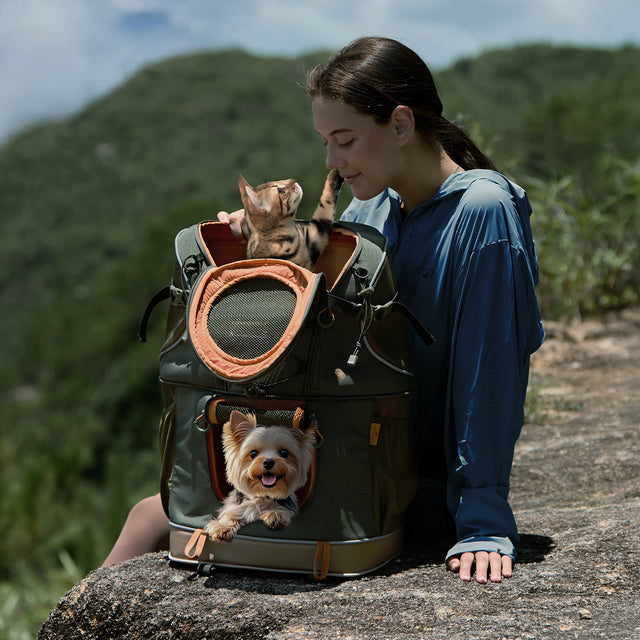 PETSFIT WildPath dual-pet hiking carrier backpack with zippered divider, mesh ventilation, and safety features