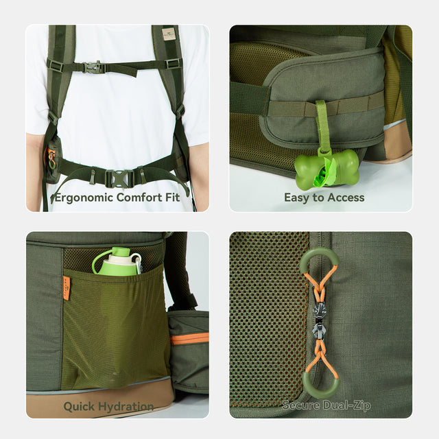 PETSFIT WildPath dual-pet hiking carrier backpack with zippered divider, mesh ventilation, and safety features