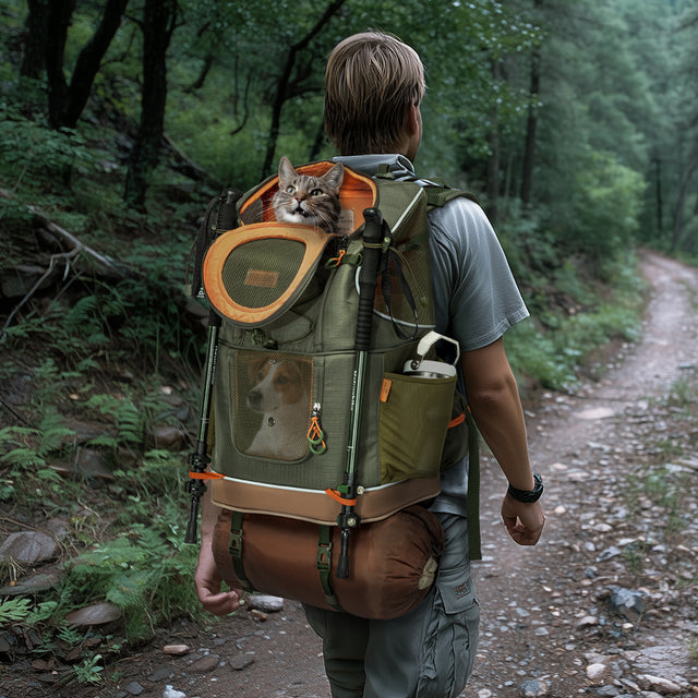 PETSFIT WildPath dual-pet hiking carrier backpack with zippered divider, mesh ventilation, and safety features