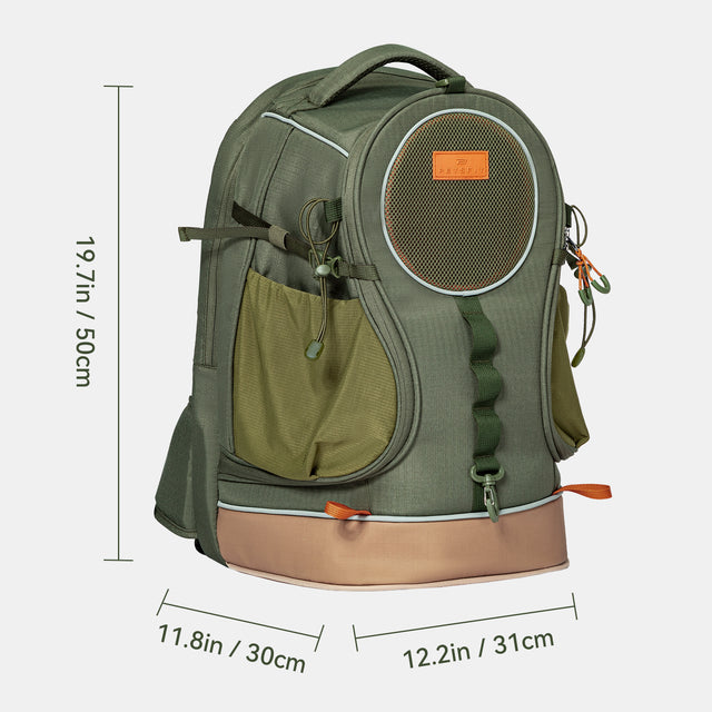 Pet backpack size guide with height, width, and depth beside a rounded front panel and side pocket.