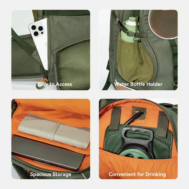 Pet backpack detail collage with phone pocket, bottle holder, laptop sleeve, and hydration storage.