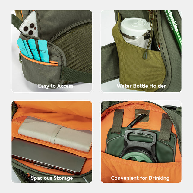 Pet backpack detail collage with phone pocket, bottle holder, laptop sleeve, and hydration compartment.