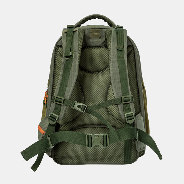 Pet backpack secured over a suitcase handle, with padded straps, sternum clip, waist belt, and pass-through.