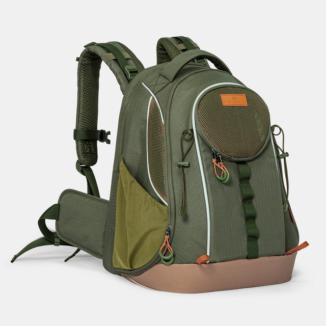 Pet backpack worn outdoors on a trail, with breathable mesh and a curved waterproof TPU base.