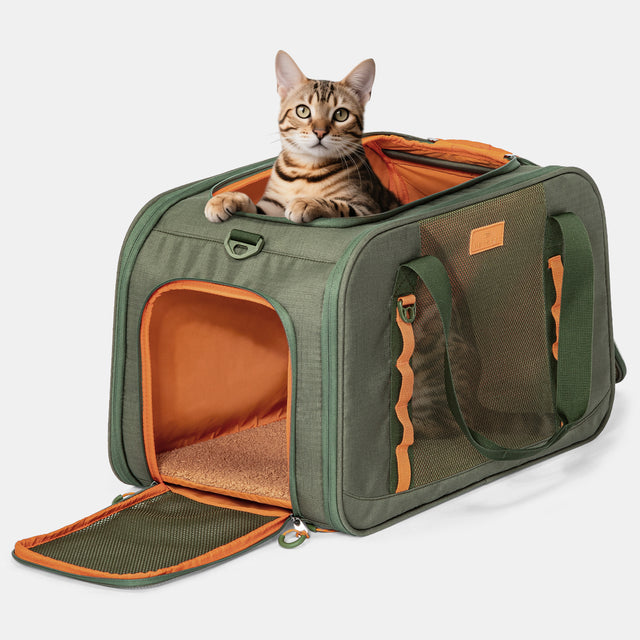 Front view of PETSFIT WildPath Pet Travel Carrier in military green with orange interior