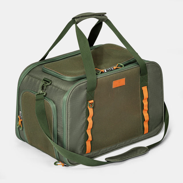 Front view of PETSFIT WildPath Pet Travel Carrier in military green with orange interior