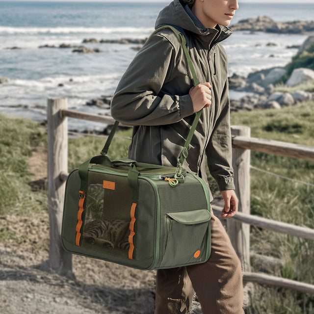 Front view of PETSFIT WildPath Pet Travel Carrier in military green with orange interior