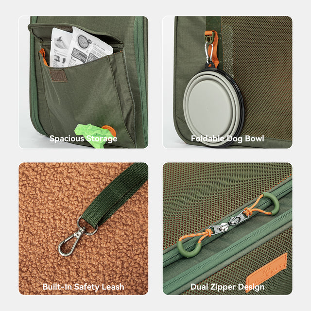 Front view of PETSFIT WildPath Pet Travel Carrier in military green with orange interior