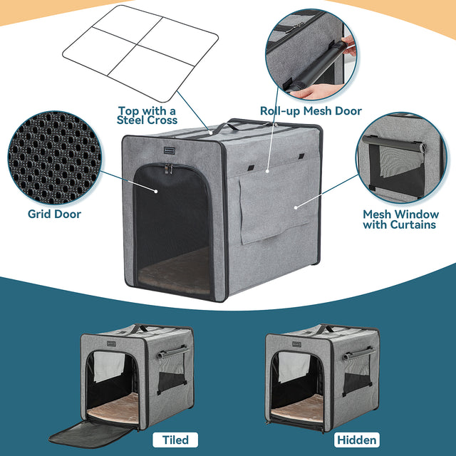 Feature diagram shows a collapsible dog crate with steel cross top support, roll-up mesh door, and side mesh window with curtain.