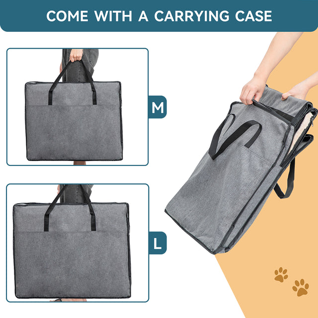 Folded collapsible dog crate is shown in included carry bags for M and L sizes, with handles for easy lifting and storage.