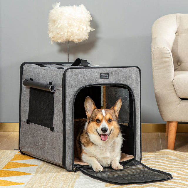 Smiling corgi lounges in a gray soft dog crate on a rug beside a sofa, with front flap down and side mesh panel open.