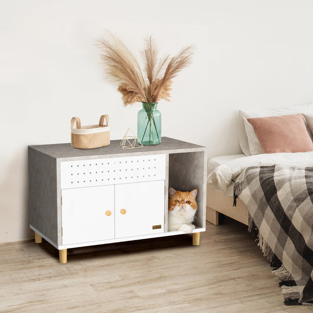 Petsfit wooden litter box cabinet in natural finish, designed as stylish indoor furniture to discreetly hide cat litter box