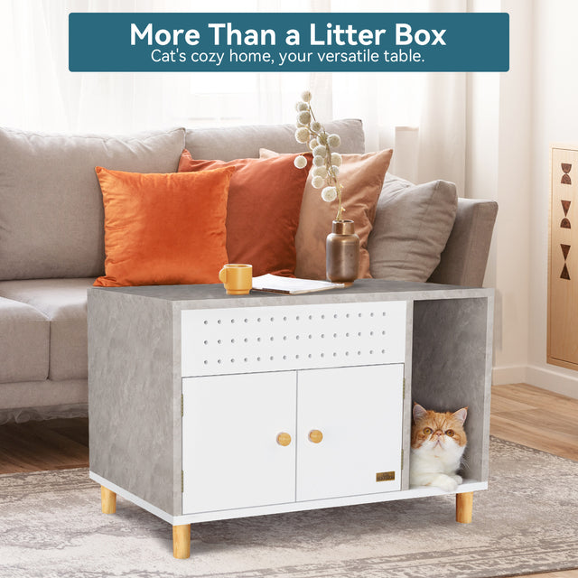 Petsfit wooden litter box cabinet in natural finish, designed as stylish indoor furniture to discreetly hide cat litter box