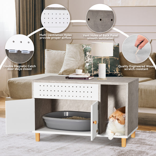 Petsfit wooden litter box cabinet in natural finish, designed as stylish indoor furniture to discreetly hide cat litter box