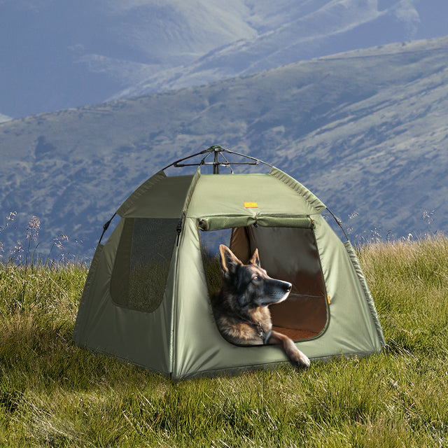 Olive pet tent on a grassy hillside, with a German shepherd resting inside and mountains behind.