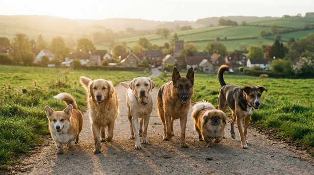 Seven dogs walking together along a rural path toward their village home, led by a corgi, showing group loyalty and determination