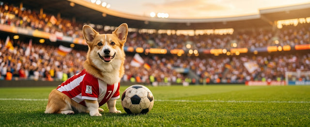 Corgi wearing football jersey with football on green grass, World Cup pet personality blog banner