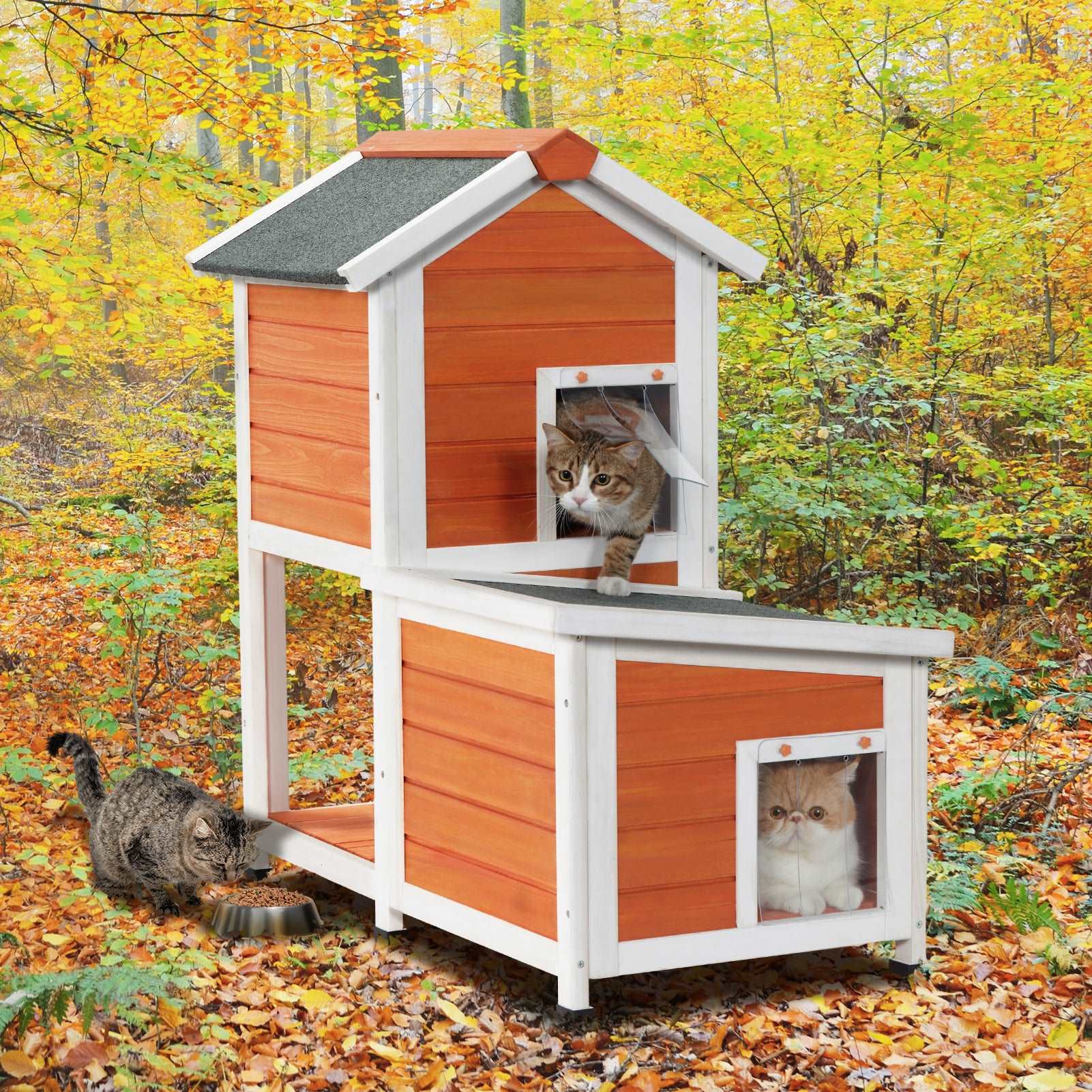 petsfit-2-stroy-cat-house-outdoor-insulated-high-feet-feeding-station-door-curtain-wood-outside-cat-house-bunny-rabbit-hutch-orange-02