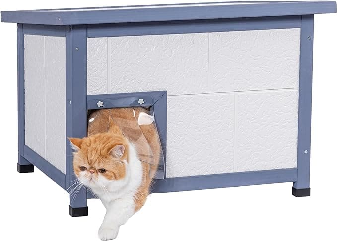 PETSFIT Insulated Outdoor Cat House, Weatherproof & Waterproof All-Round Foam Outside Cat House with Escape Door and PVC Door Curtain