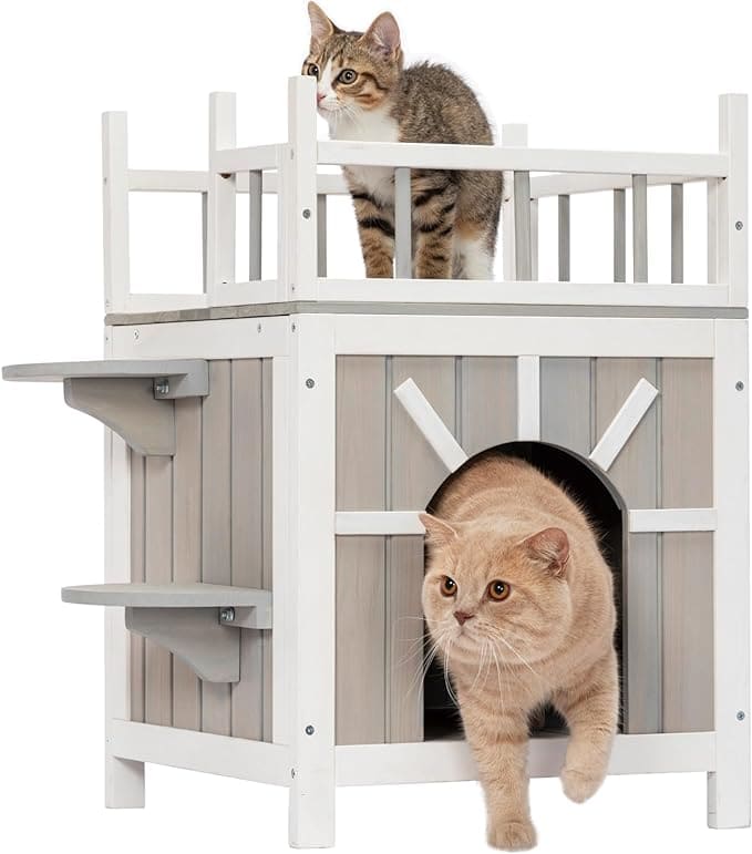 Petsfit Cat House Cat Condos Cat Feeding Station for Outdoor Indoor Cats Kittens,2 Story Wood Feral Cat Shelter Cage Weatherproof with Balcony and 2 Removable Floors Gray