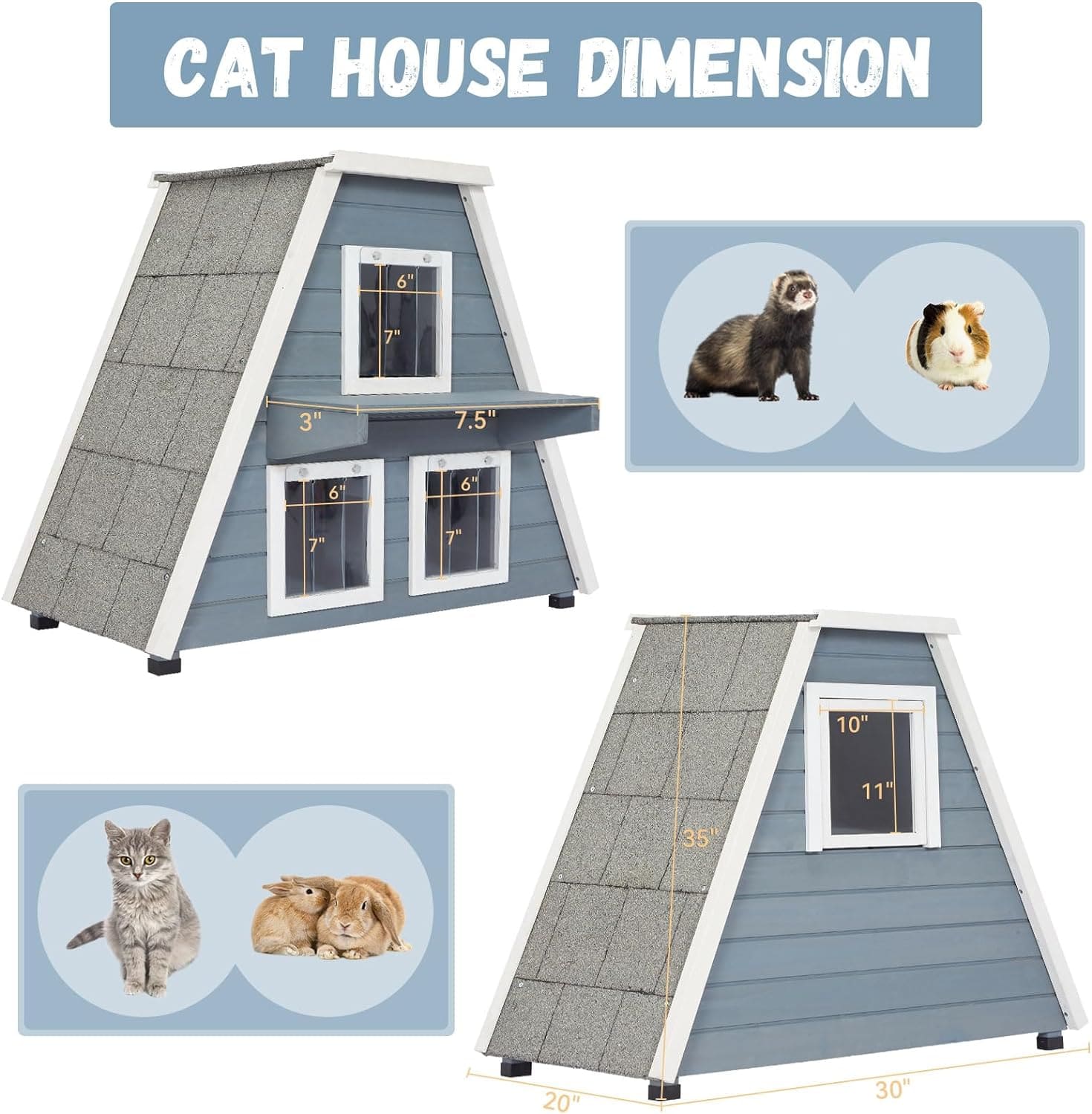 Petsfit Outdoor Cat House Weatherproof, Outside Feral Cat House with Escape Door,Outdoor Indoor Pet House for Small Animal Grey