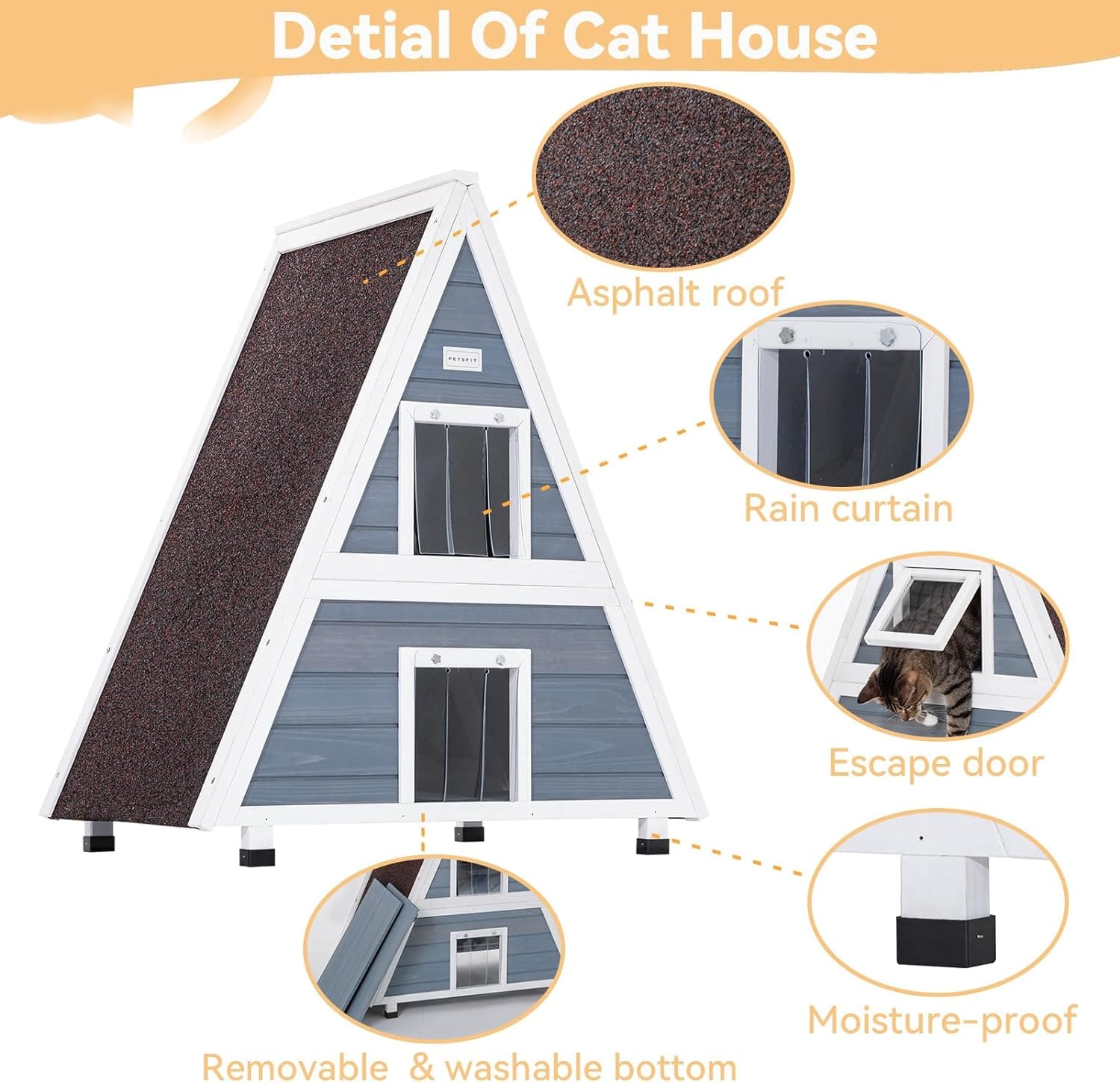 Petsfit Outdoor Cat House Weatherproof 31" Lx20 W x36 H, Two Level Outside Feral Cat House with Escape Door,Outdoor Indoor Pet House for Small Animal Grey