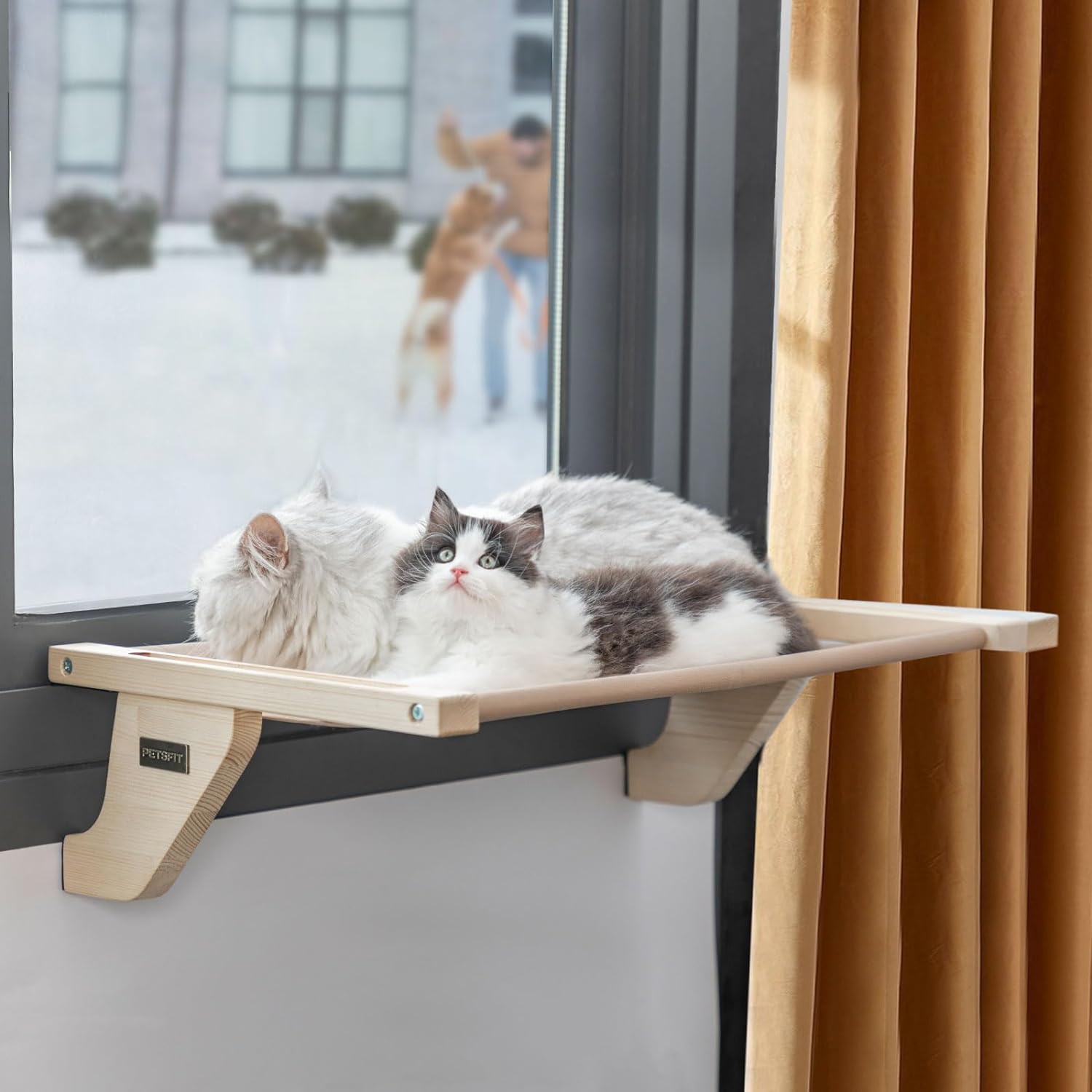 PETSFIT Sitzstangen für Katzenfenster, natürliches Massivholz mit abnehmbarer Fleecematte