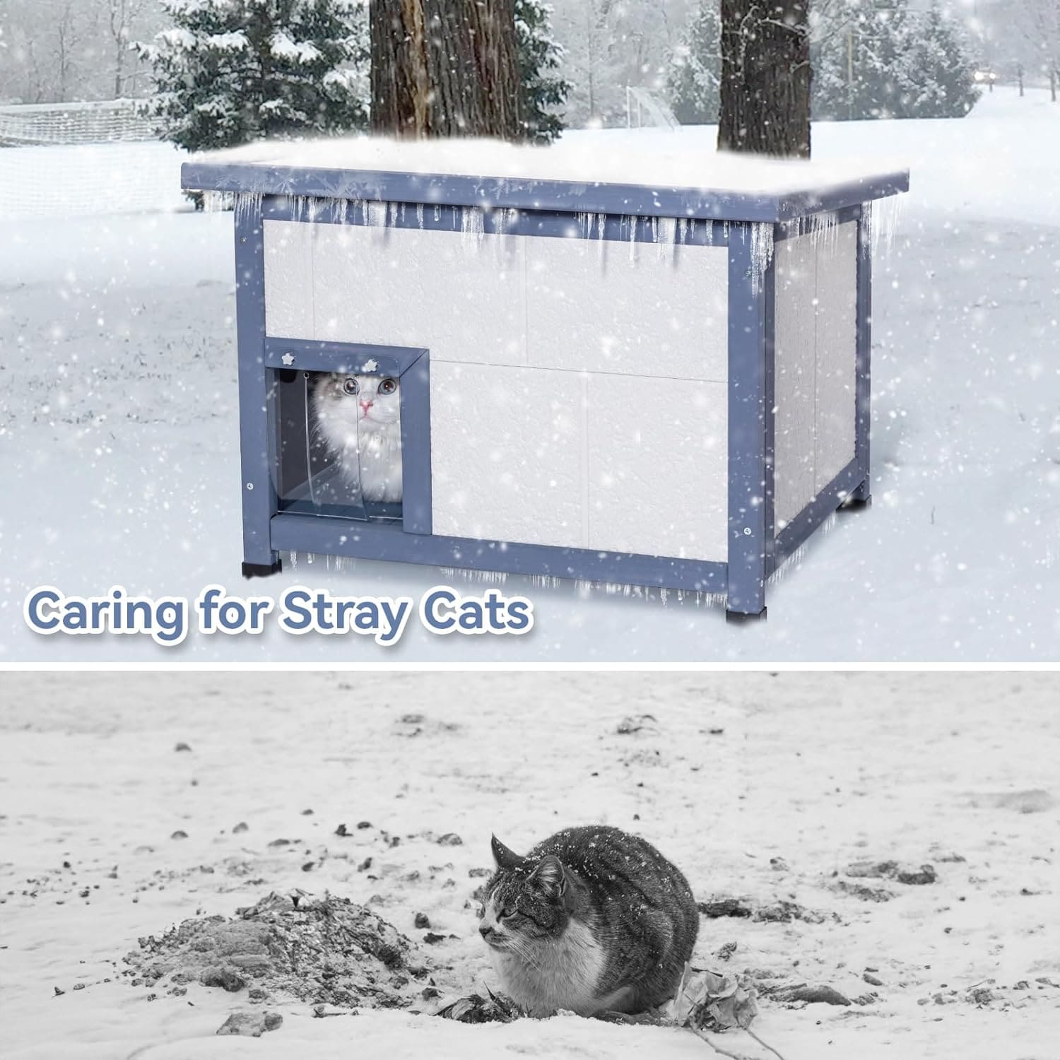 PETSFIT Insulated Outdoor Cat House, Weatherproof & Waterproof All-Round Foam Outside Cat House with Escape Door and PVC Door Curtain