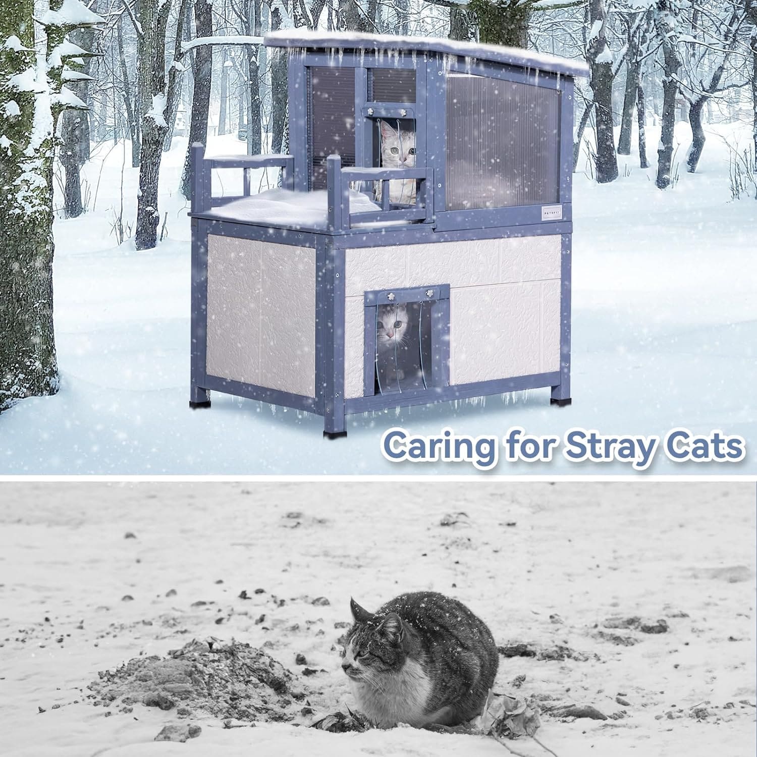 Insulated Cat House, Outside Cat Shelter 2 Level, Winter Weatherproof Outside Feral Cat House with Escape Door & Door Curtain