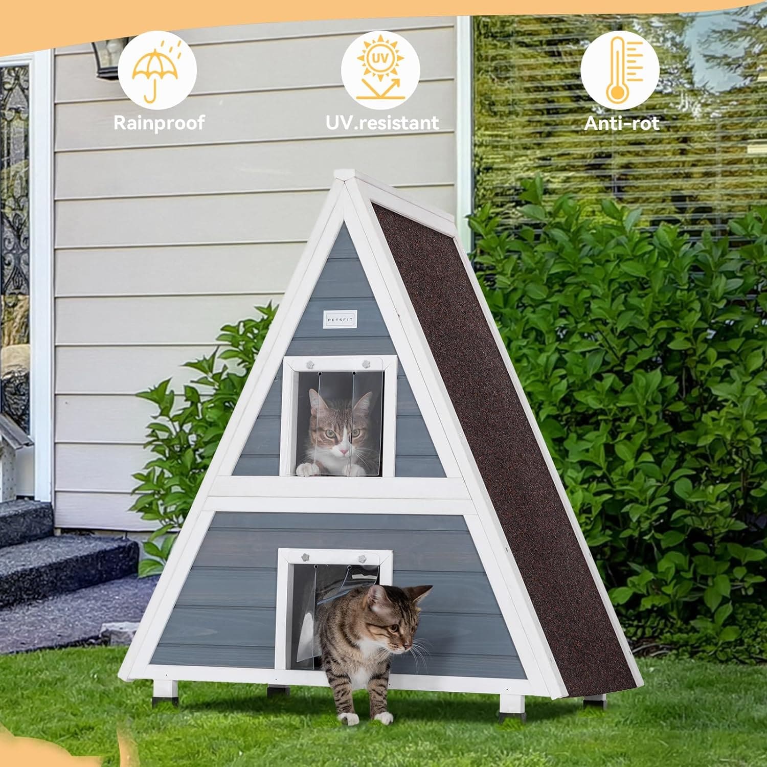 Petsfit Outdoor Cat House Weatherproof 31" Lx20 W x36 H, Two Level Outside Feral Cat House with Escape Door,Outdoor Indoor Pet House for Small Animal Grey