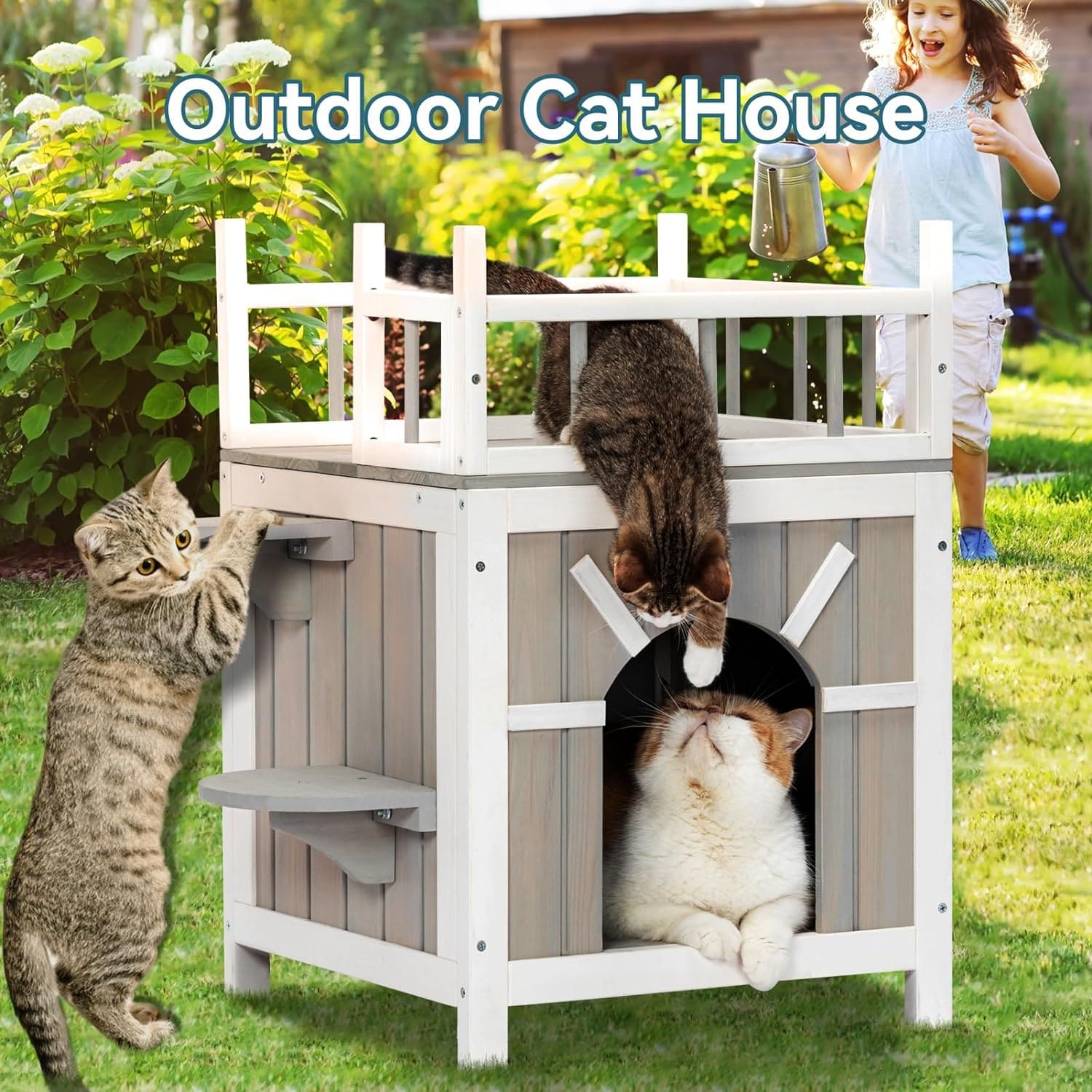 Petsfit Cat House Cat Condos Cat Feeding Station for Outdoor Indoor Cats Kittens,2 Story Wood Feral Cat Shelter Cage Weatherproof with Balcony and 2 Removable Floors Gray