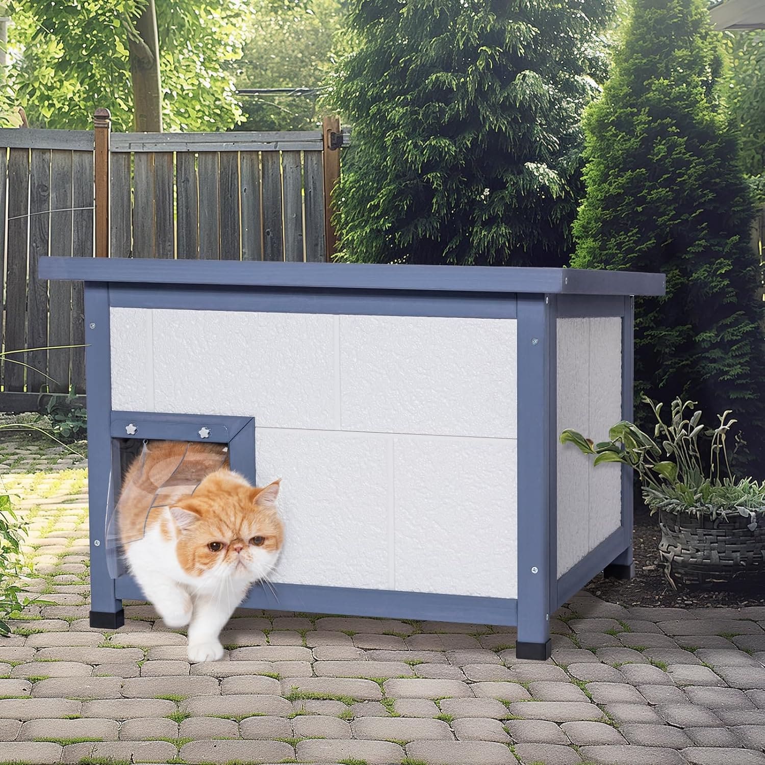 PETSFIT Insulated Outdoor Cat House, Weatherproof & Waterproof All-Round Foam Outside Cat House with Escape Door and PVC Door Curtain
