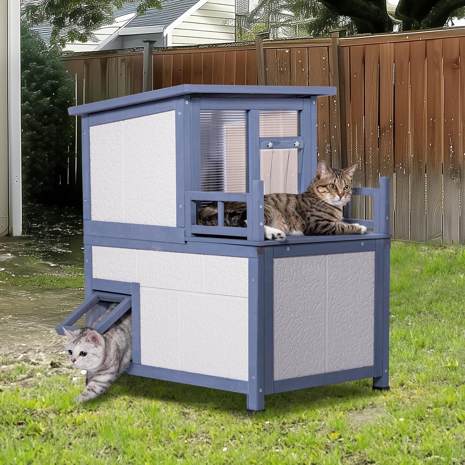 Insulated Cat House, Outside Cat Shelter 2 Level, Winter Weatherproof Outside Feral Cat House with Escape Door & Door Curtain