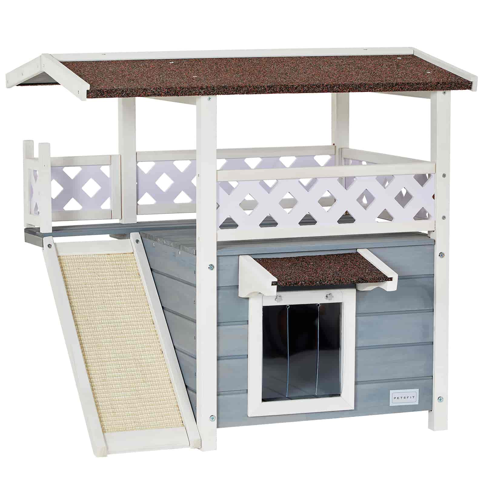 Petsfit Durable Roof Outside Cat House Weatherproof with Escape Door, Stair or Scratch Board, 2 Story Design Perfect for Multi Cats, Outdoor Cat House