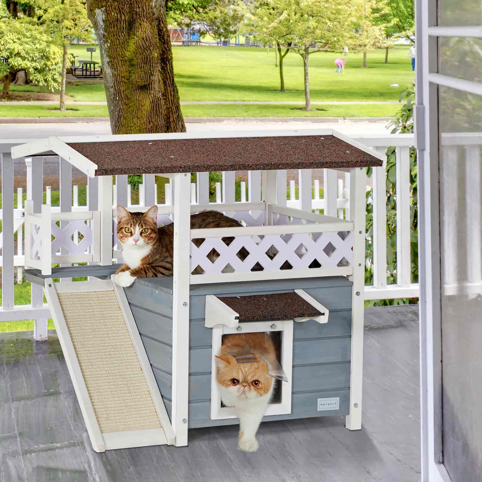 Petsfit Durable Roof Outside Cat House Weatherproof with Escape Door, Stair or Scratch Board, 2 Story Design Perfect for Multi Cats, Outdoor Cat House