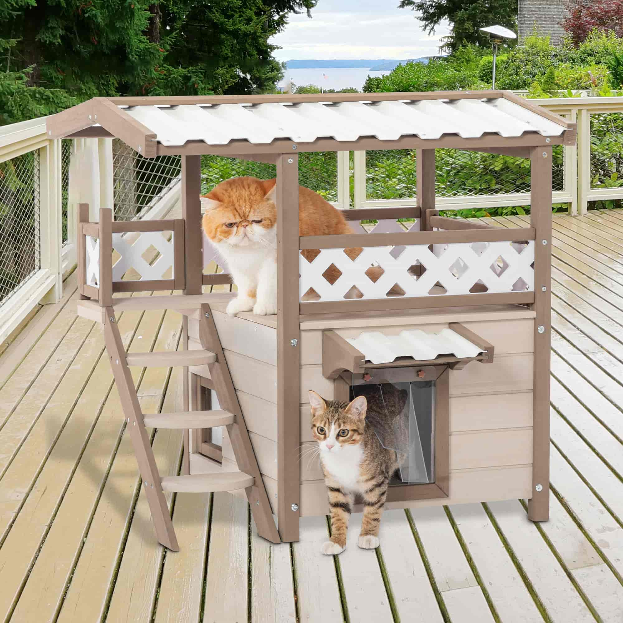 Petsfit Durable Roof Outside Cat House Weatherproof with Escape Door, Stair or Scratch Board, 2 Story Design Perfect for Multi Cats, Outdoor Cat House