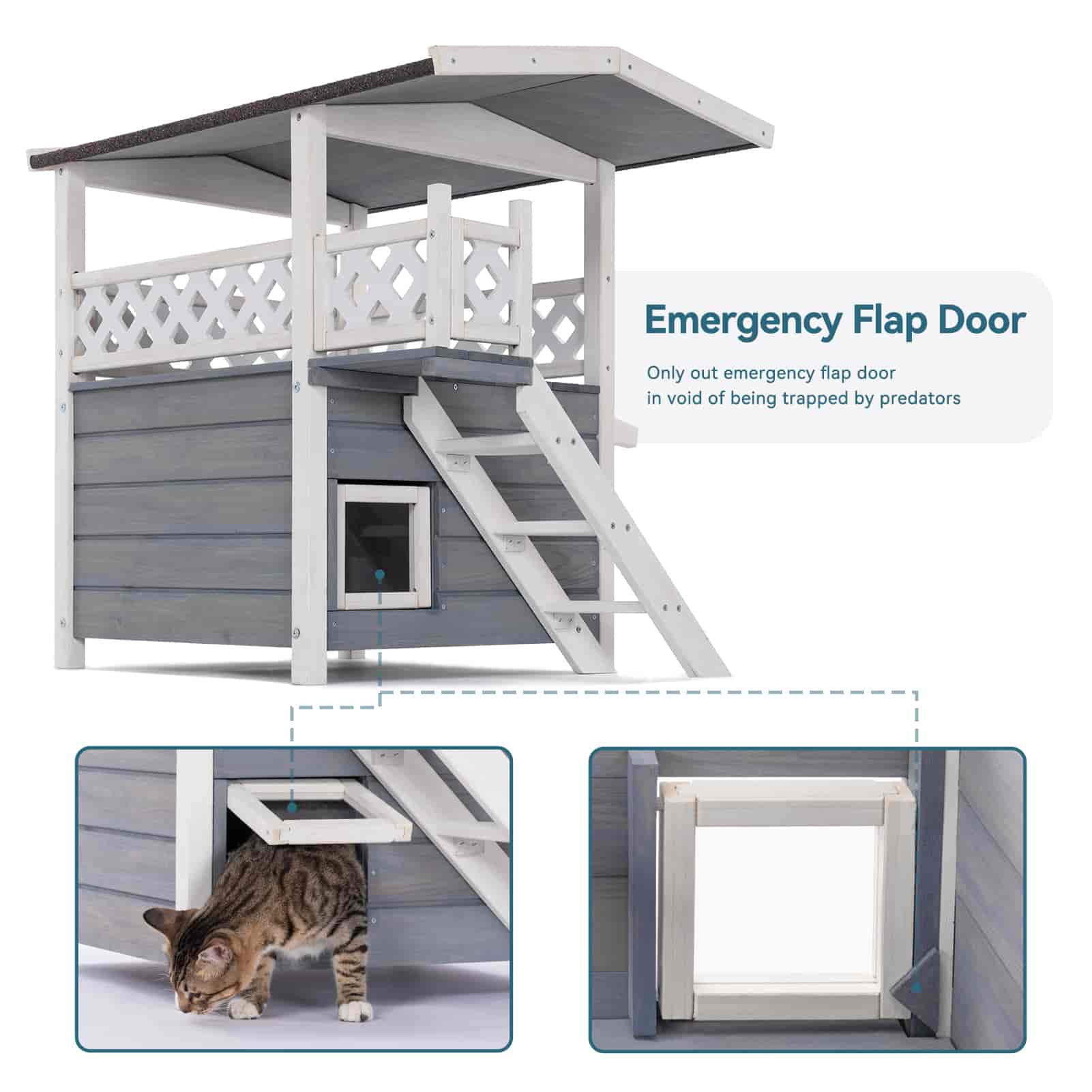 Petsfit Durable Roof Outside Cat House Weatherproof with Escape Door, Stair or Scratch Board, 2 Story Design Perfect for Multi Cats, Outdoor Cat House