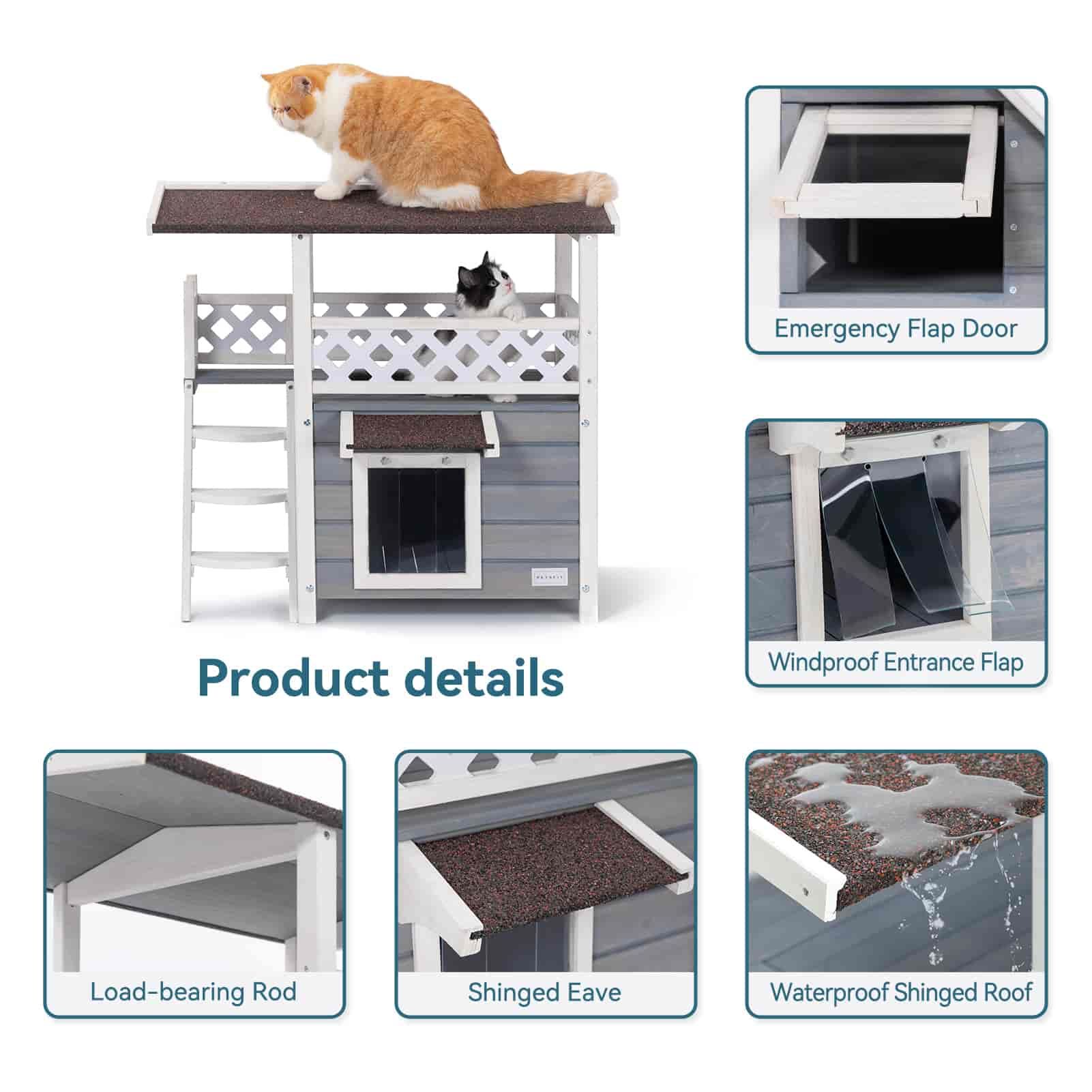 Petsfit Durable Roof Outside Cat House Weatherproof with Escape Door, Stair or Scratch Board, 2 Story Design Perfect for Multi Cats, Outdoor Cat House