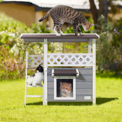 Petsfit Durable Roof Outside Cat House Weatherproof with Escape Door, Stair or Scratch Board, 2 Story Design Perfect for Multi Cats, Outdoor Cat House