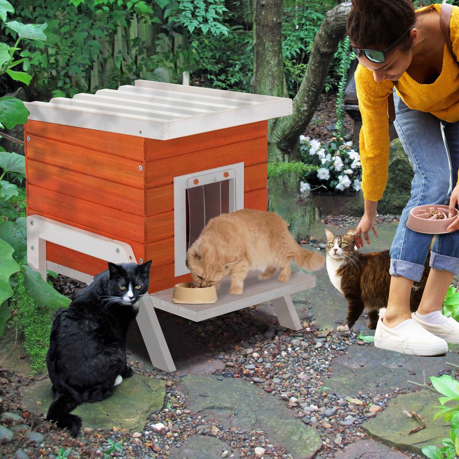 Heated Cat House Outdoor Wood Outside Rabbit Hutch Orange – PETSFIT
