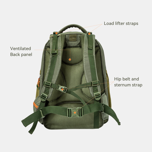 PETSFIT WILDPATH waterproof hiking backpack back view callout — Load Lifter Straps, Ventilated Back Panel, Hip Belt and Sternum Strap features labeled