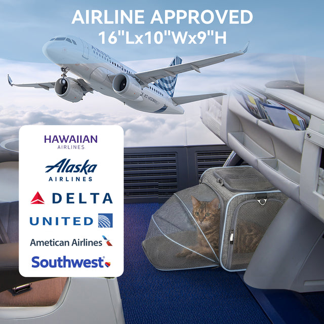Gray pet airline carrier size S displayed with airline approval badge and major US airline logos including Delta, United, Southwest, and Alaska Airlines.